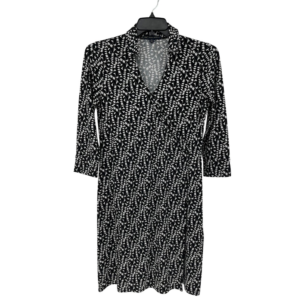 346 Brooks Brothers Womens Black White Leaf‎ Print V Neck Midi Wrap Dress Size S